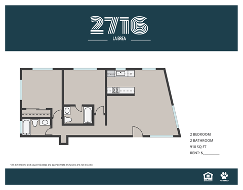 Floor plan for 2 beds, 2 baths, 910 sqft